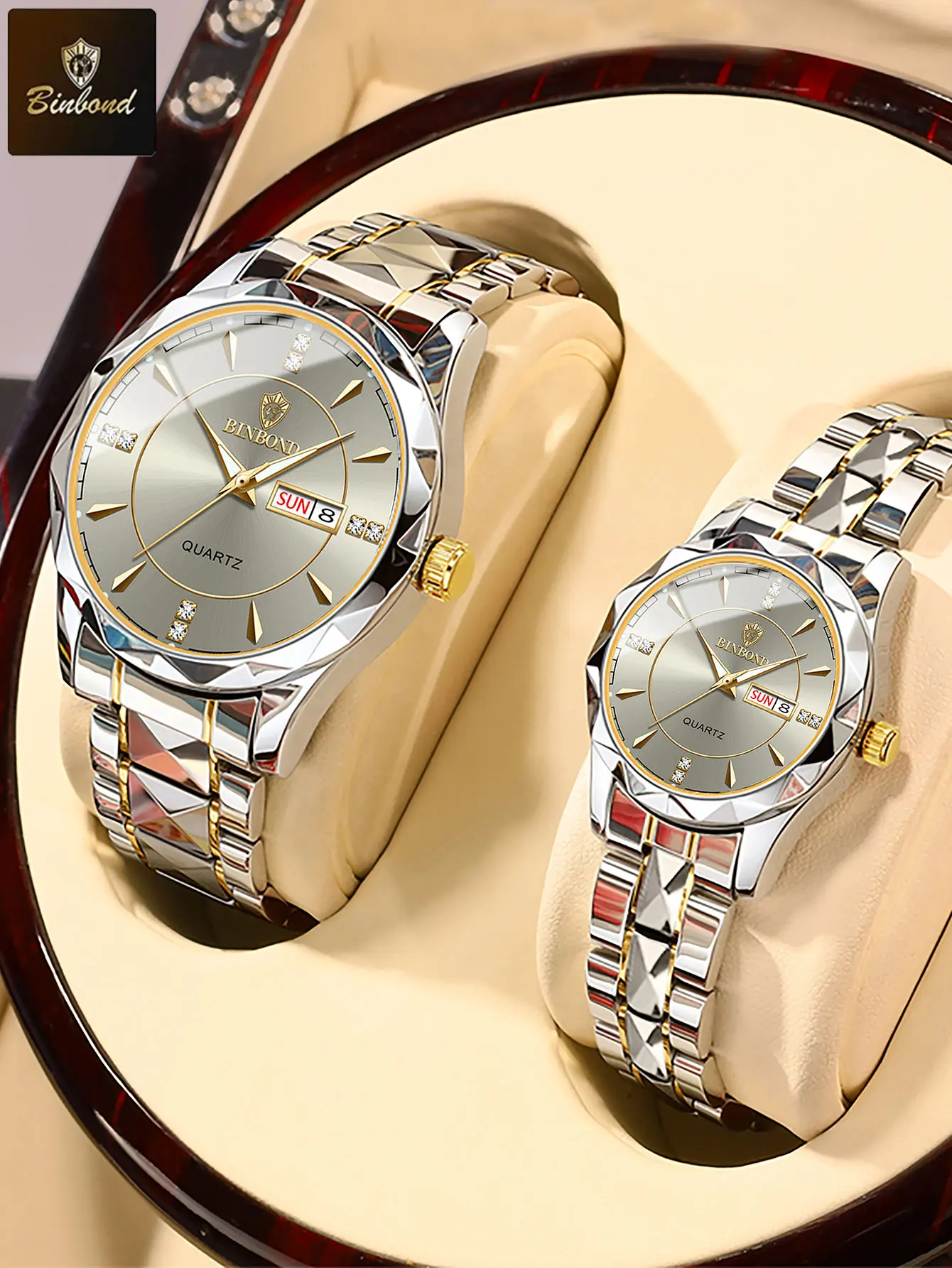 BINBOND Fashion Couple Watches Waterproof Diamond Valentine Day Lover Gift Stainless Steel Watch Men Women Quartz Watch 2pcs