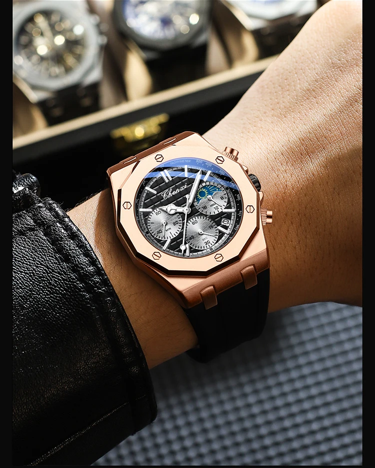 CHENXI Men's Luxury Chronograph Sport Quartz Watch Waterproof Luminous Silicone Strap Fashion Relogio Masculino for Gentlemen