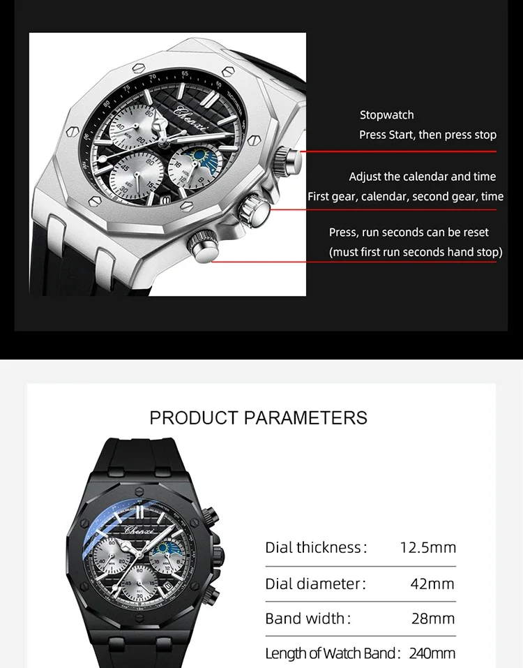 CHENXI Men's Luxury Chronograph Sport Quartz Watch Waterproof Luminous Silicone Strap Fashion Relogio Masculino for Gentlemen