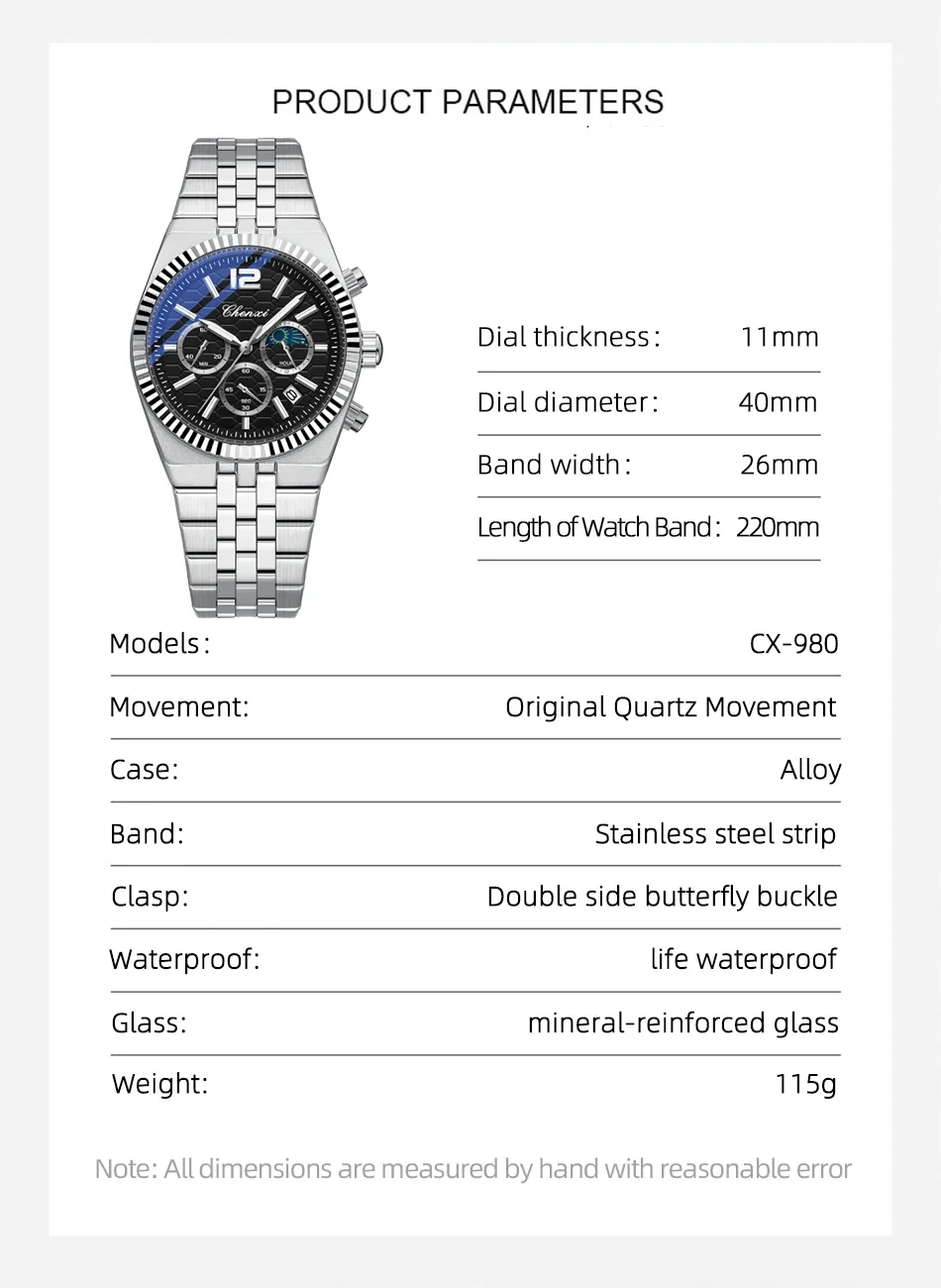 CHENXI Original Men Quartz Watch Waterproof Business Chronograph Man Wristwatch Luminous Fashion Steel Strap Watch for Men