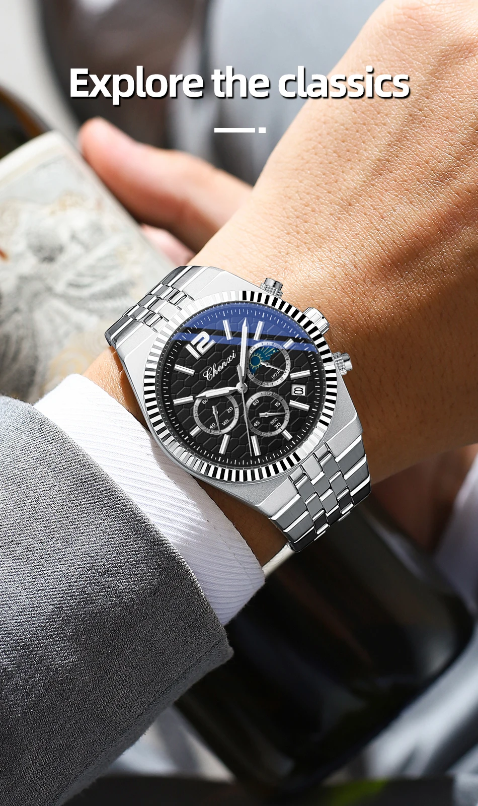 CHENXI Original Men Quartz Watch Waterproof Business Chronograph Man Wristwatch Luminous Fashion Steel Strap Watch for Men