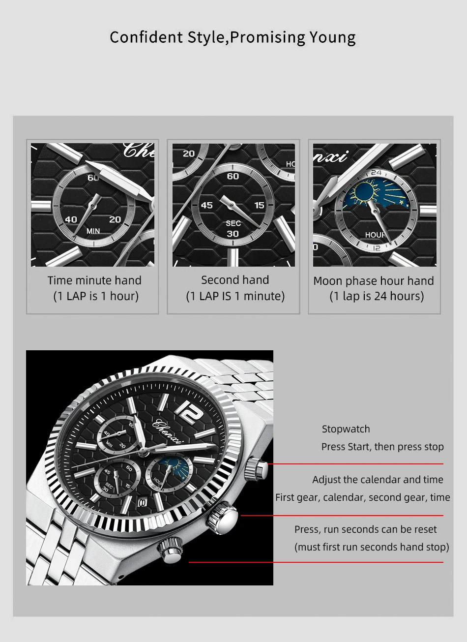 CHENXI Original Men Quartz Watch Waterproof Business Chronograph Man Wristwatch Luminous Fashion Steel Strap Watch for Men
