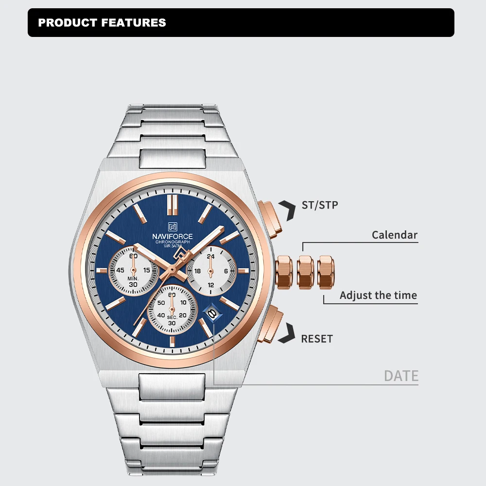 Top Brand NAVIFORCE Men and Women Quartz Chronograph Watch Stainless Band Stylish 24 Hours Date Display Couple Wristwatches 2024