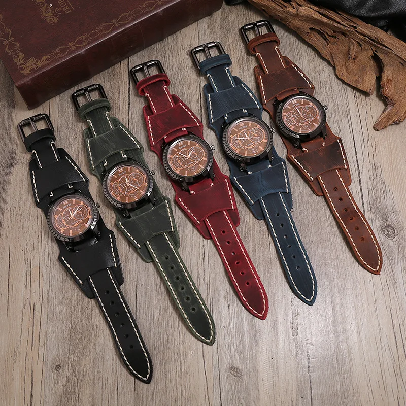 New Fashion Men's Watches Luxury Big Dial Quartz Lovers Watch Wide Genuine Leather Punk Bracelet Sport Wristwatch Men Gift