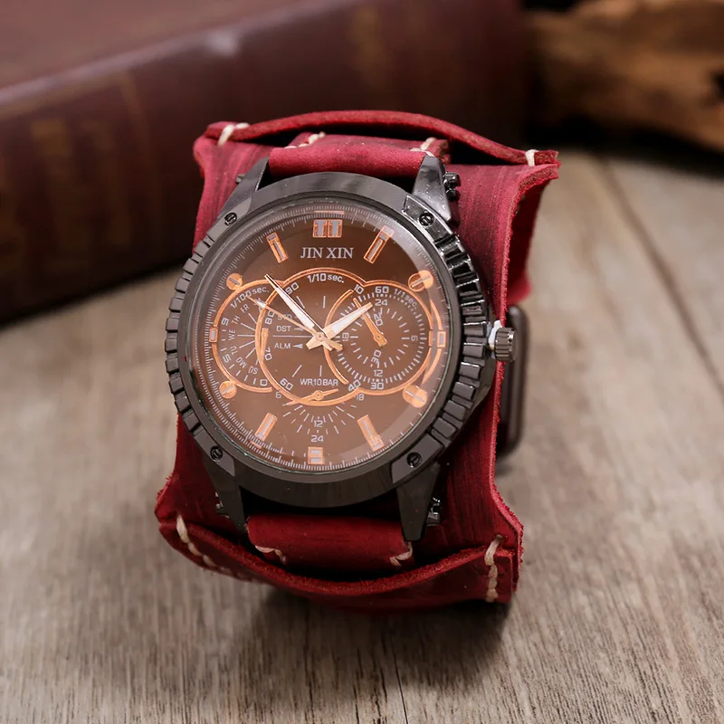 New Fashion Men's Watches Luxury Big Dial Quartz Lovers Watch Wide Genuine Leather Punk Bracelet Sport Wristwatch Men Gift