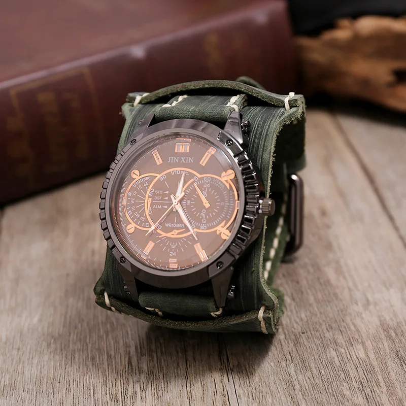 New Fashion Men's Watches Luxury Big Dial Quartz Lovers Watch Wide Genuine Leather Punk Bracelet Sport Wristwatch Men Gift