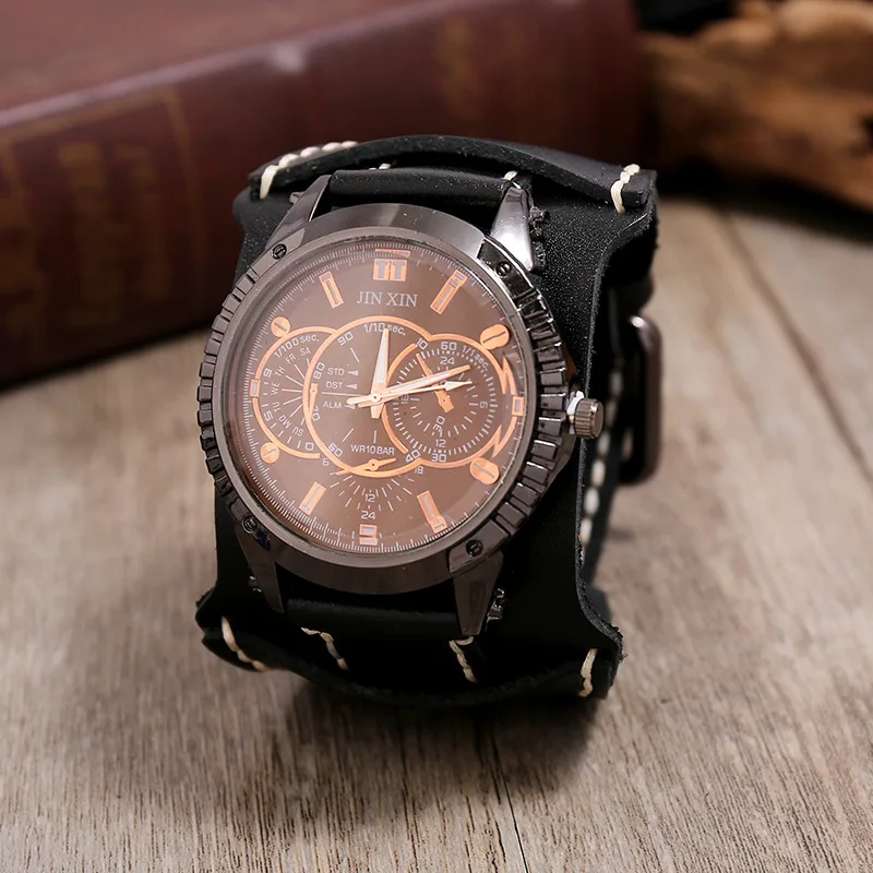 New Fashion Men's Watches Luxury Big Dial Quartz Lovers Watch Wide Genuine Leather Punk Bracelet Sport Wristwatch Men Gift