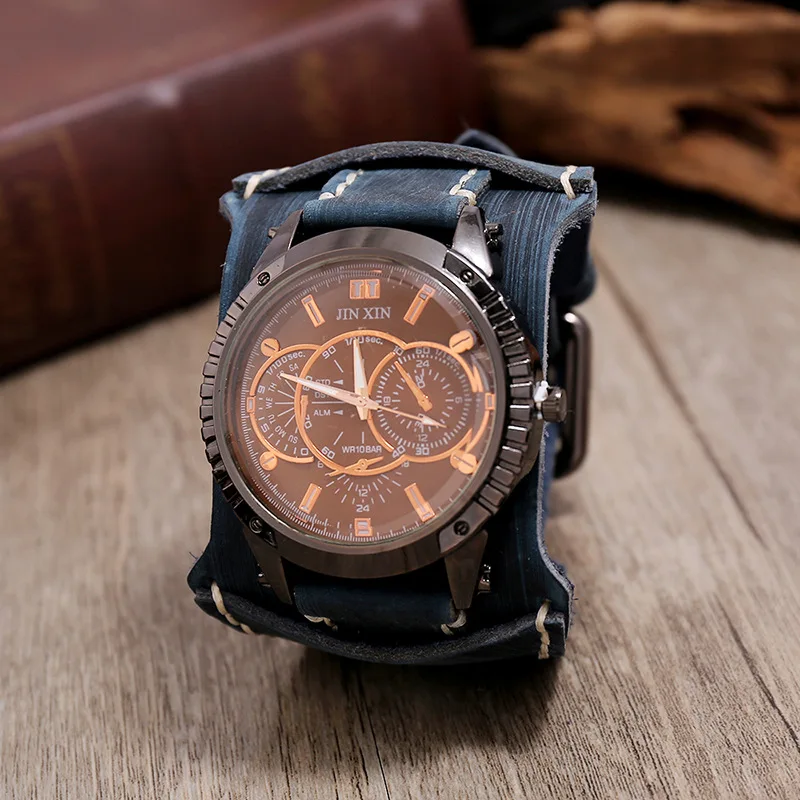 New Fashion Men's Watches Luxury Big Dial Quartz Lovers Watch Wide Genuine Leather Punk Bracelet Sport Wristwatch Men Gift