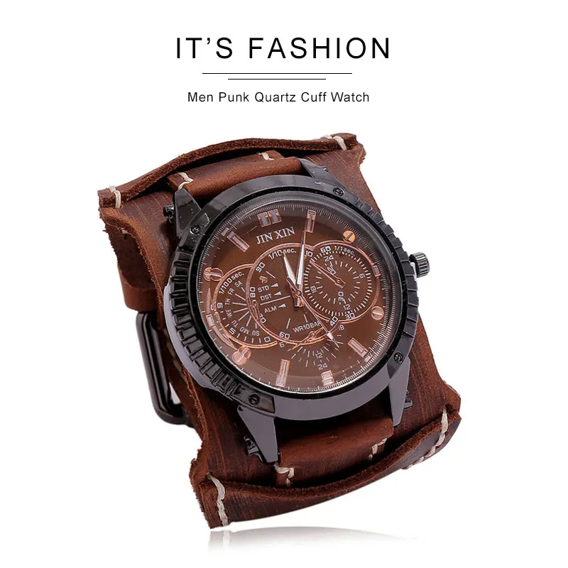 New Fashion Men's Watches Luxury Big Dial Quartz Lovers Watch Wide Genuine Leather Punk Bracelet Sport Wristwatch Men Gift