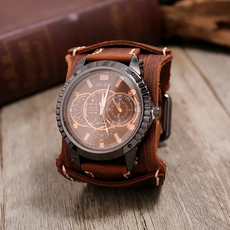 New Fashion Men's Watches Luxury Big Dial Quartz Lovers Watch Wide Genuine Leather Punk Bracelet Sport Wristwatch Men Gift