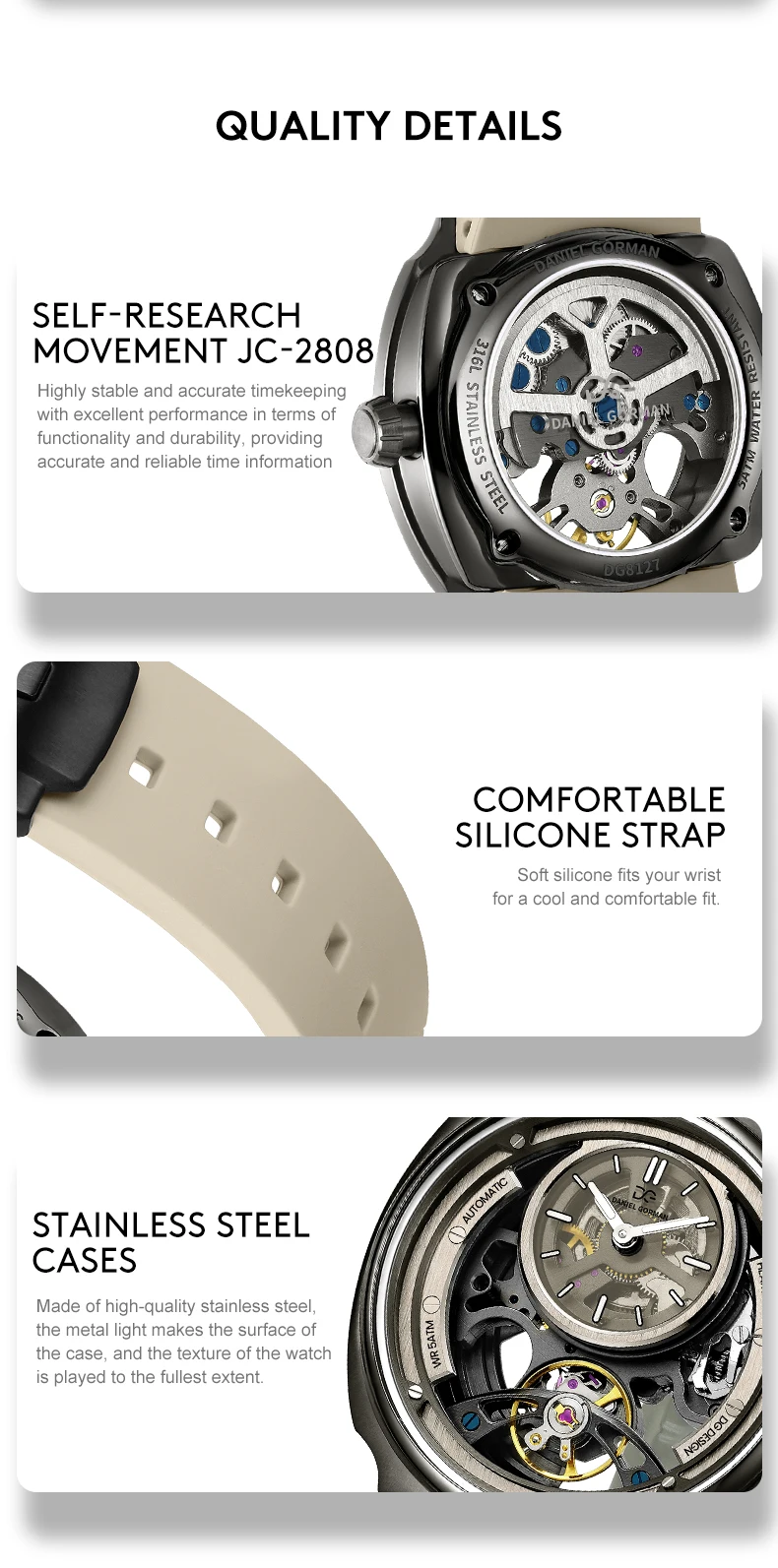 Bright Future Automatic Watch Silicone Strap 5 ATM Waterproof Mechanical Watches Daniel Gorman Watch Excellent Quality