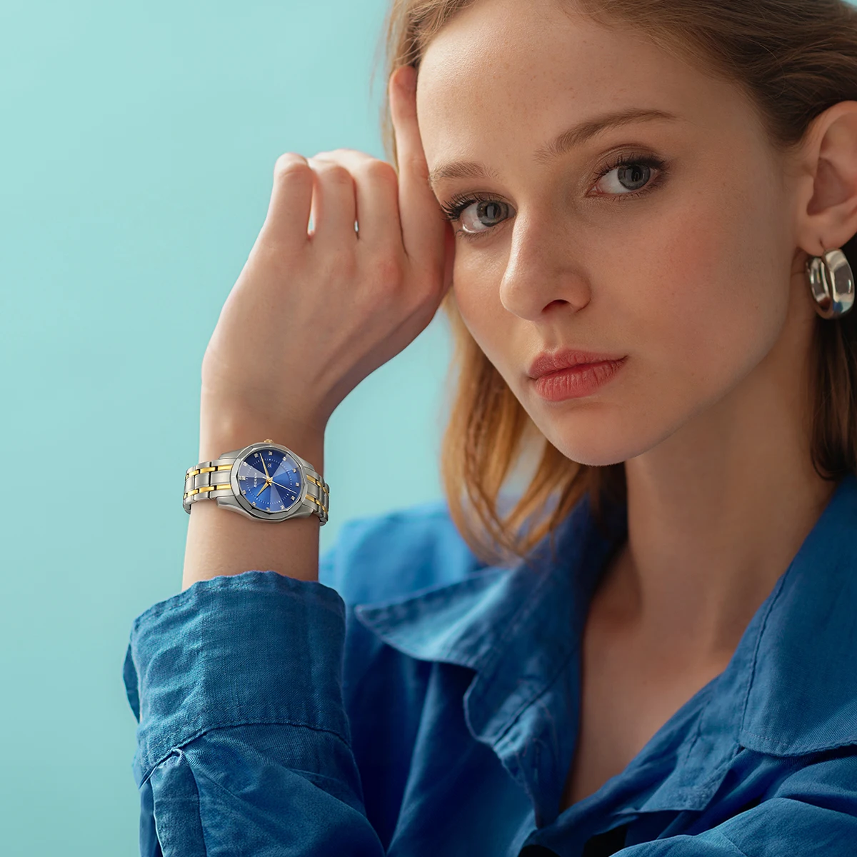 BERNY Watch for Women Blue Dial Ladies Wristwatch Waterproof Golden Stainless Steel Quartz Fashion Diamon Design Women's Watches