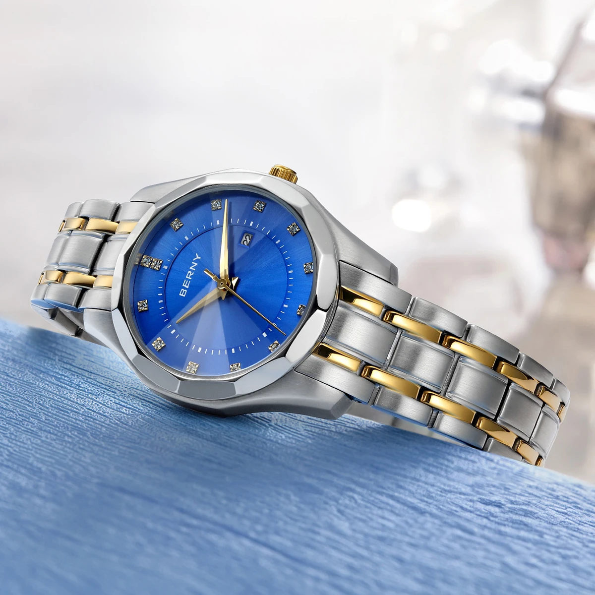 BERNY Watch for Women Blue Dial Ladies Wristwatch Waterproof Golden Stainless Steel Quartz Fashion Diamon Design Women's Watches
