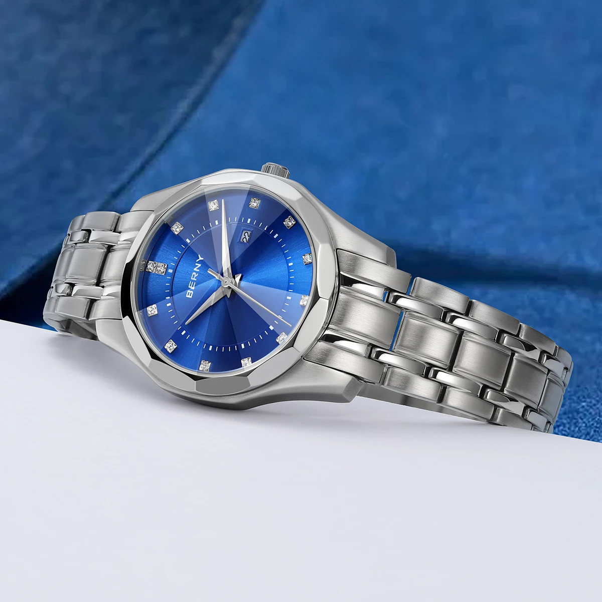 BERNY Watch for Women Blue Dial Ladies Wristwatch Waterproof Golden Stainless Steel Quartz Fashion Diamon Design Women's Watches