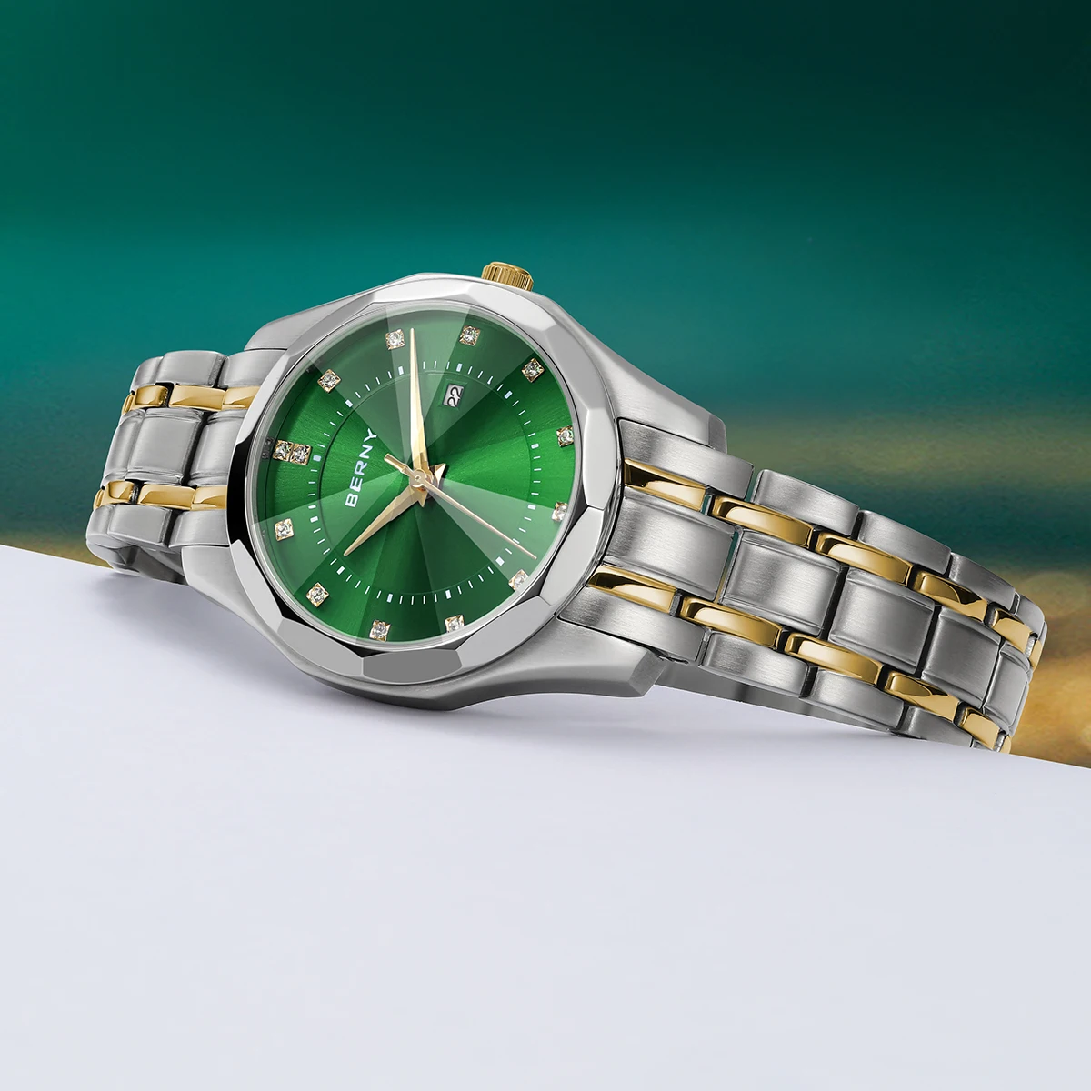 BERNY Watch for Women Blue Dial Ladies Wristwatch Waterproof Golden Stainless Steel Quartz Fashion Diamon Design Women's Watches