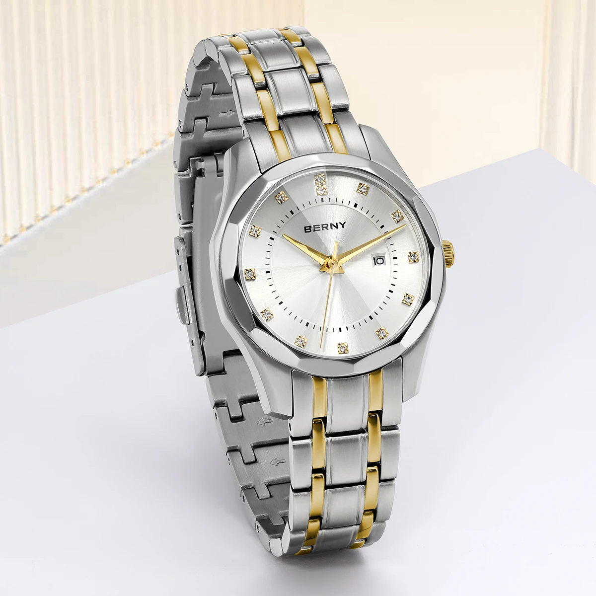BERNY Watch for Women Blue Dial Ladies Wristwatch Waterproof Golden Stainless Steel Quartz Fashion Diamon Design Women's Watches