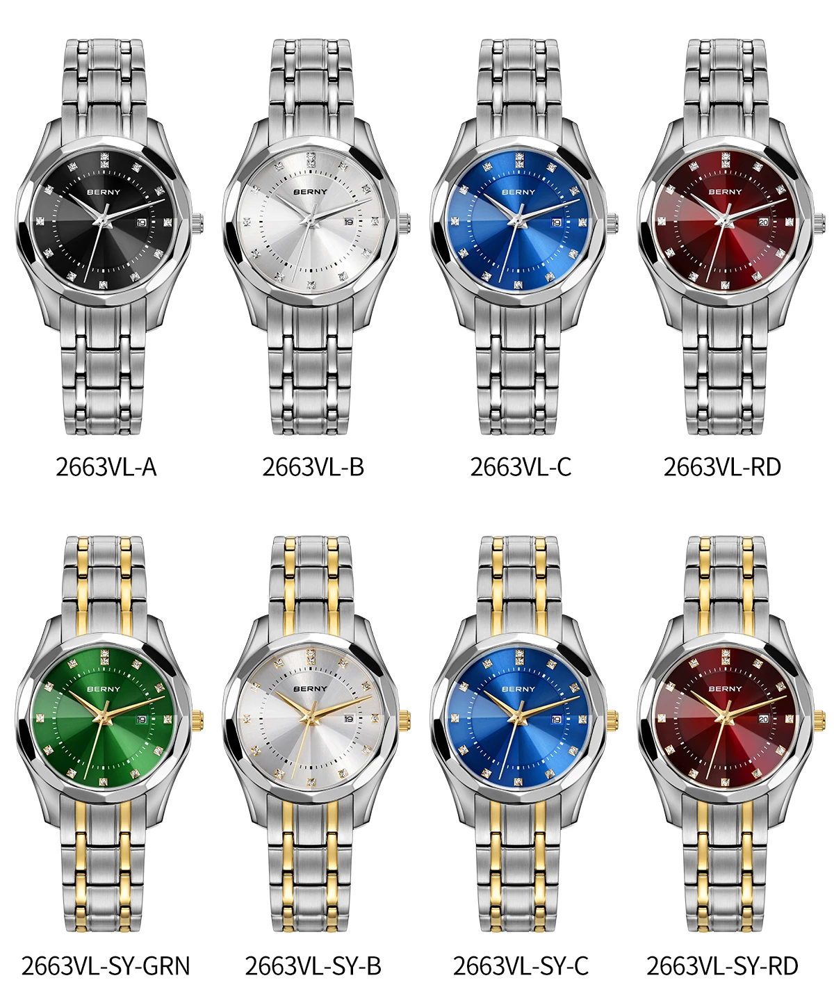 BERNY Watch for Women Blue Dial Ladies Wristwatch Waterproof Golden Stainless Steel Quartz Fashion Diamon Design Women's Watches