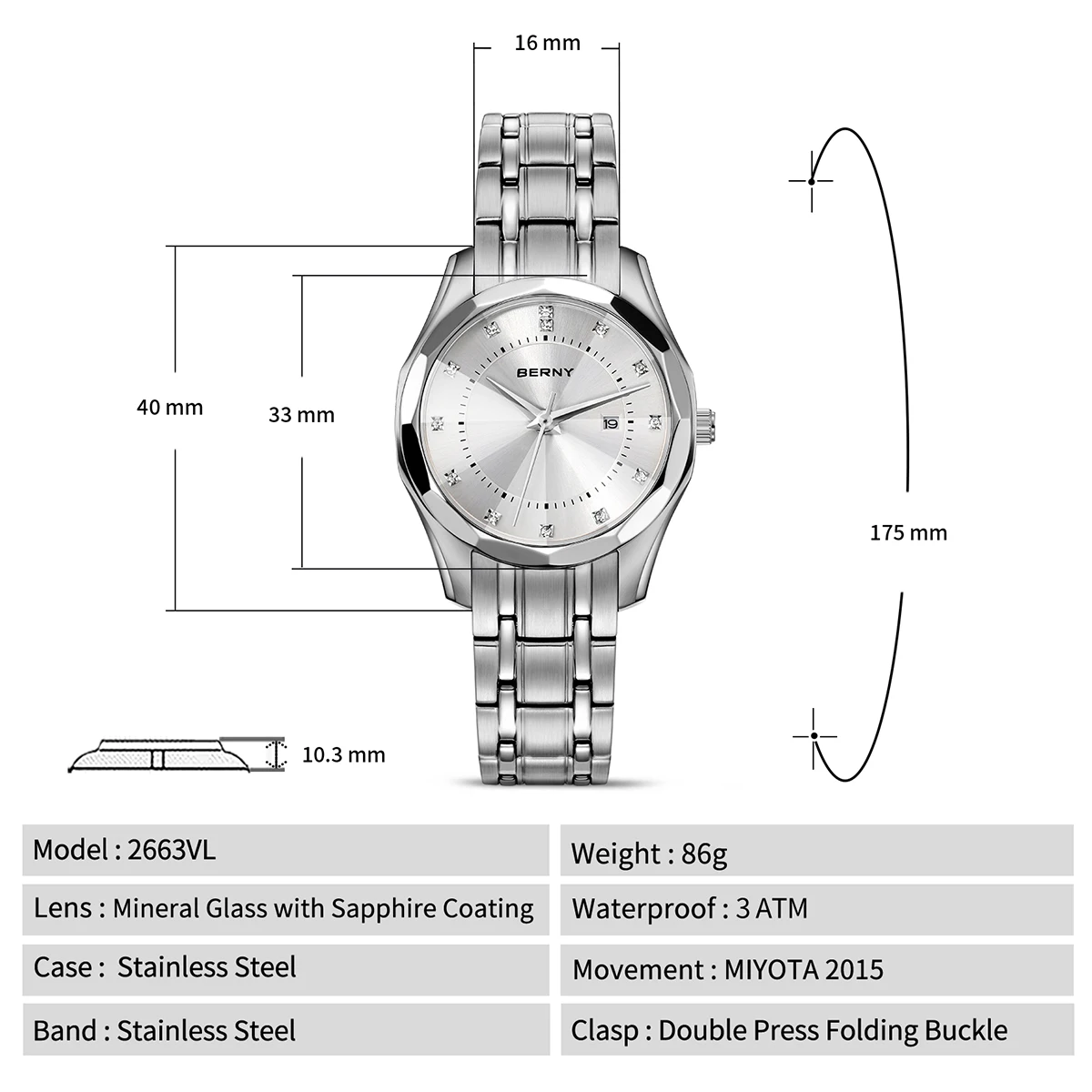 BERNY Watch for Women Blue Dial Ladies Wristwatch Waterproof Golden Stainless Steel Quartz Fashion Diamon Design Women's Watches