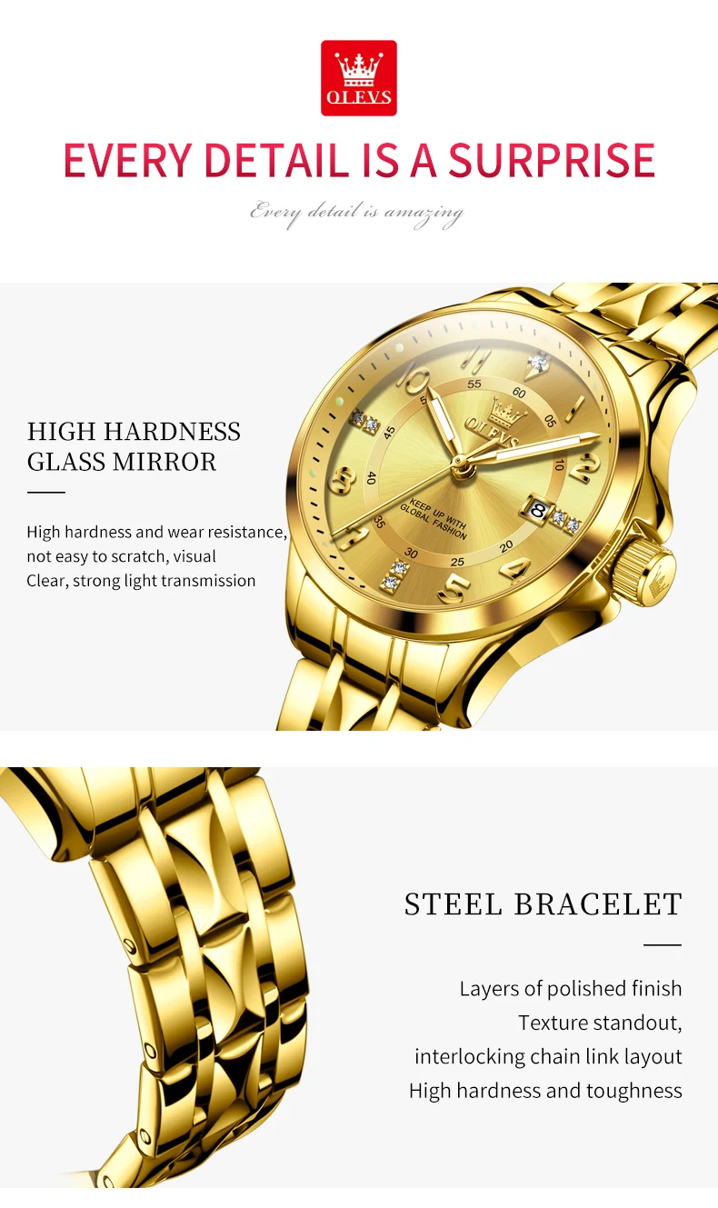 OLEVS High Quality Luxury Fashion Quartz Watches for Couple Original Stainless Steel Calendar Luminous Waterproof Couple Watches