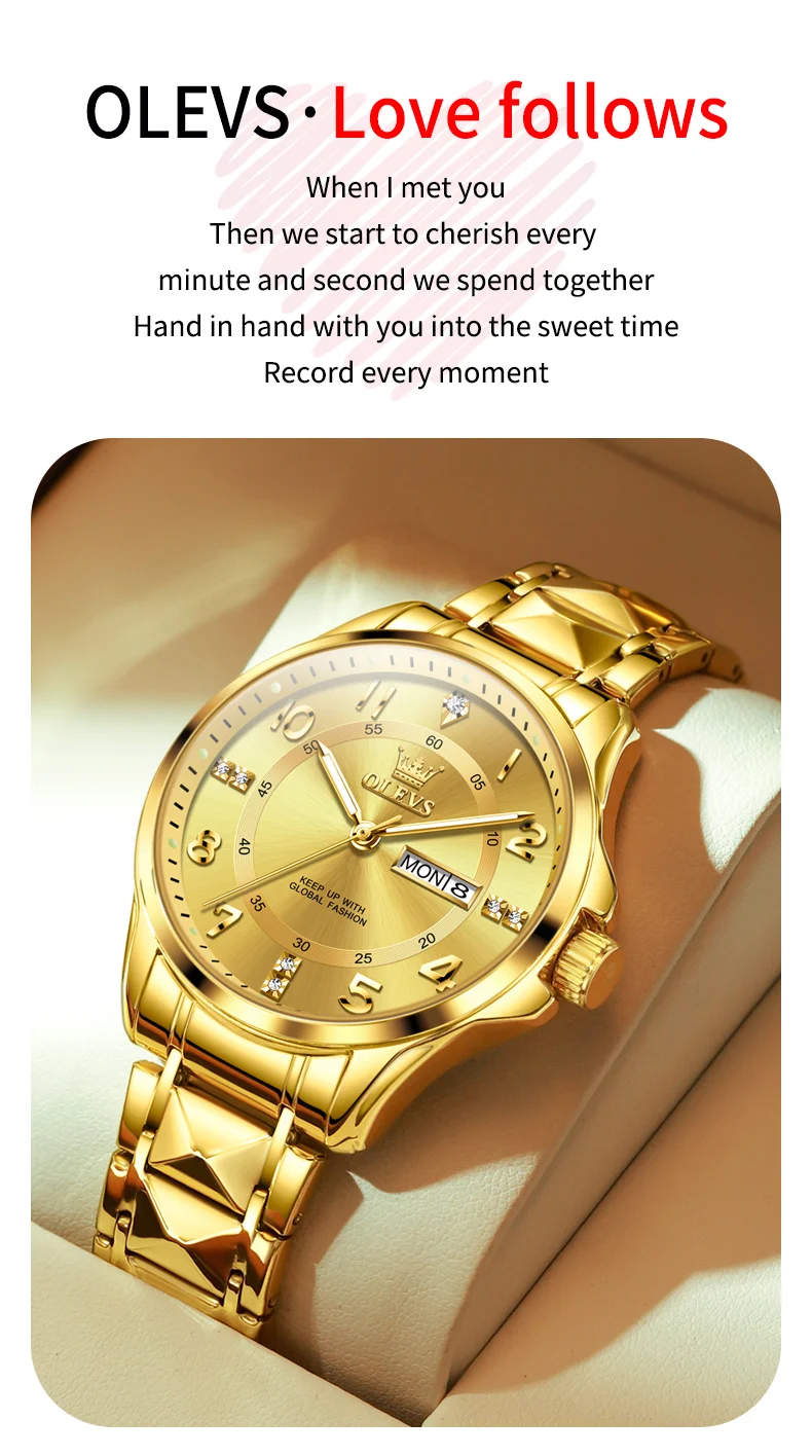 OLEVS High Quality Luxury Fashion Quartz Watches for Couple Original Stainless Steel Calendar Luminous Waterproof Couple Watches