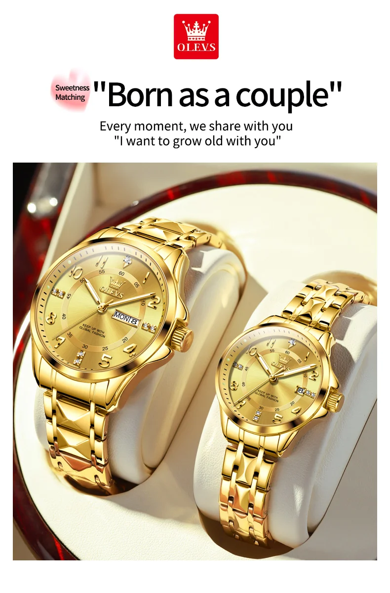 OLEVS High Quality Luxury Fashion Quartz Watches for Couple Original Stainless Steel Calendar Luminous Waterproof Couple Watches