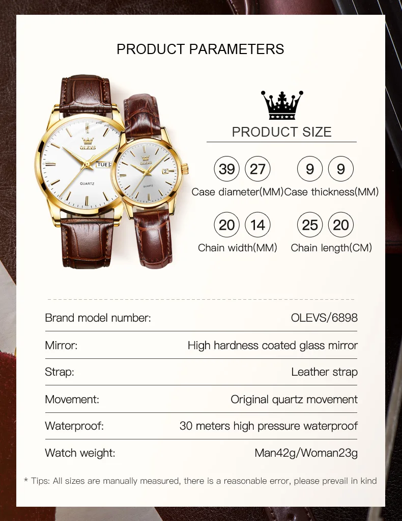 OLEVS 6898 Couple Watches Luxury Original Fashion Brand Waterproof Luminous Quartz Wristwatch Calendar Design For Date Sport