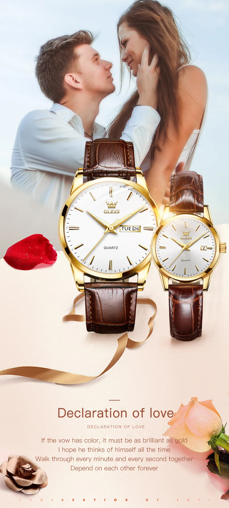 OLEVS 6898 Couple Watches Luxury Original Fashion Brand Waterproof Luminous Quartz Wristwatch Calendar Design For Date Sport
