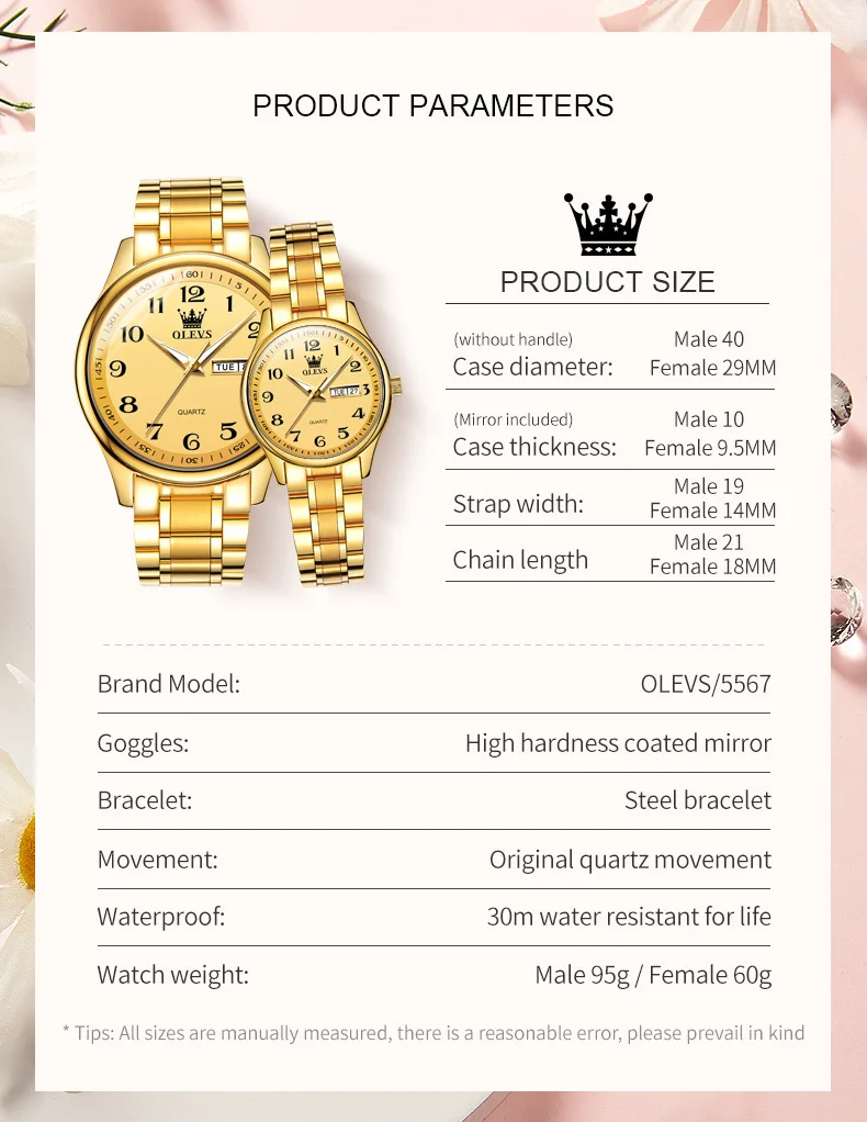 OLEVS 5567 Fashion Original Brand Couple Watches Waterproof Week Calendar Luminous Quartz Watch for Men and Women Lovers Watch