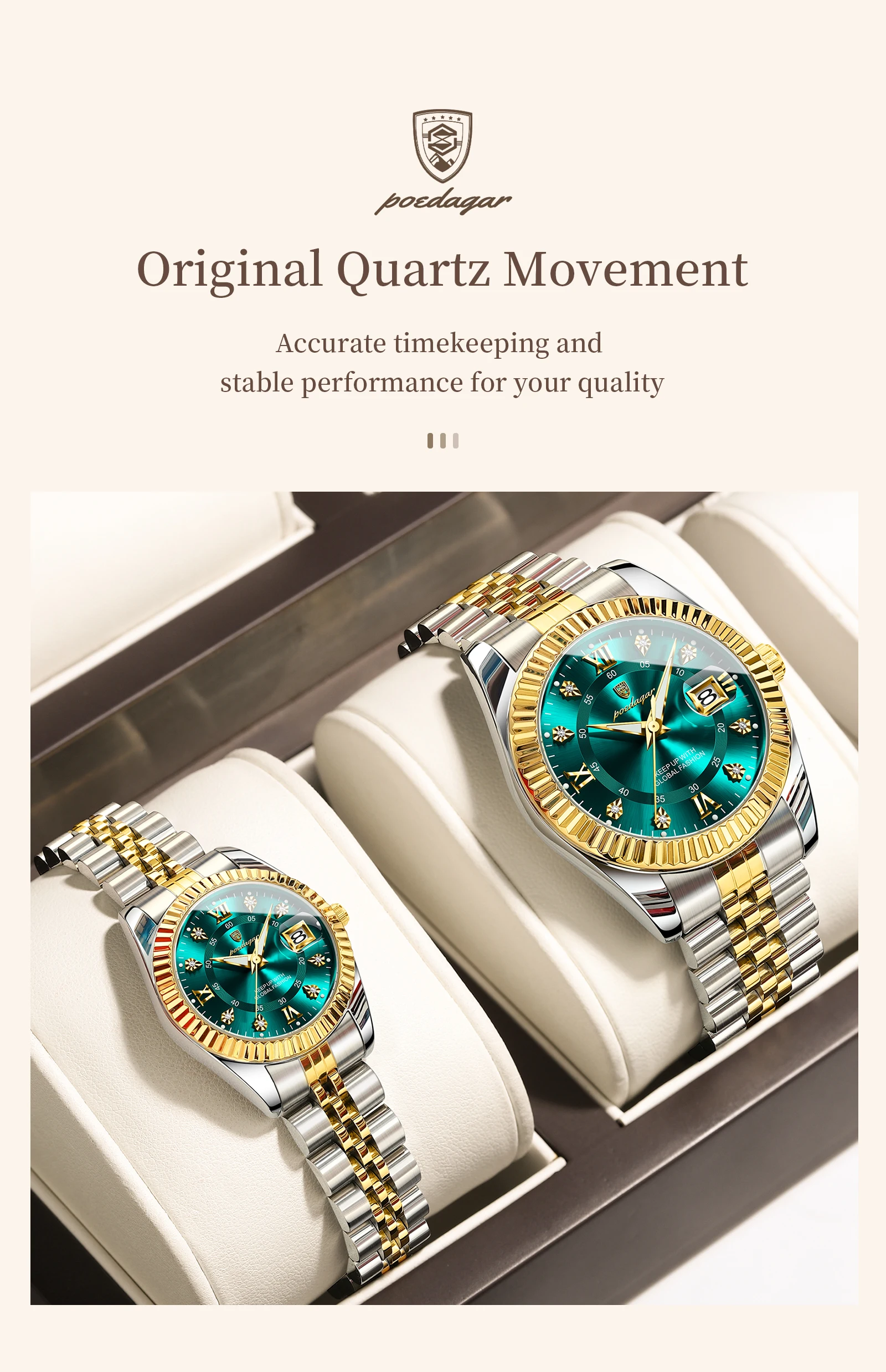POEDAGAR Casual Couple's Watches Luminous Date Watches For Couple Quartz Stainless Steel Fashion Couple Watch Love Gift Set+Box