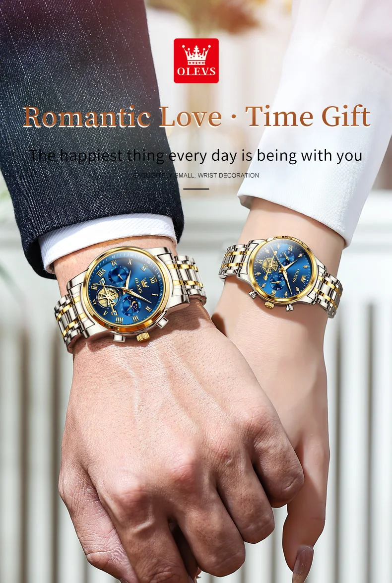OLEVS Quartz Couple Watch Luxury Brand Waterproof Lunar Phase Timing Code Watch Elegant and Romantic Lover His Her Couple Watch