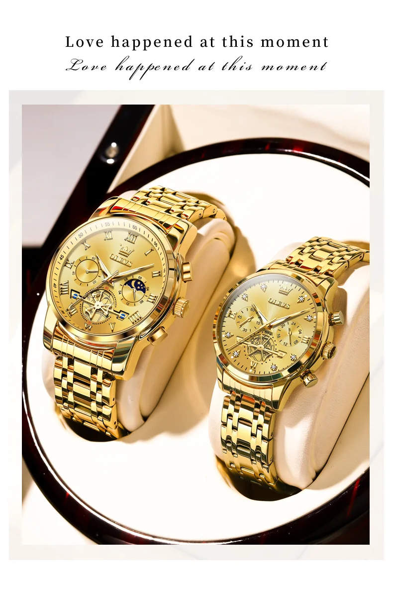 OLEVS Quartz Couple Watch Luxury Brand Waterproof Lunar Phase Timing Code Watch Elegant and Romantic Lover His Her Couple Watch