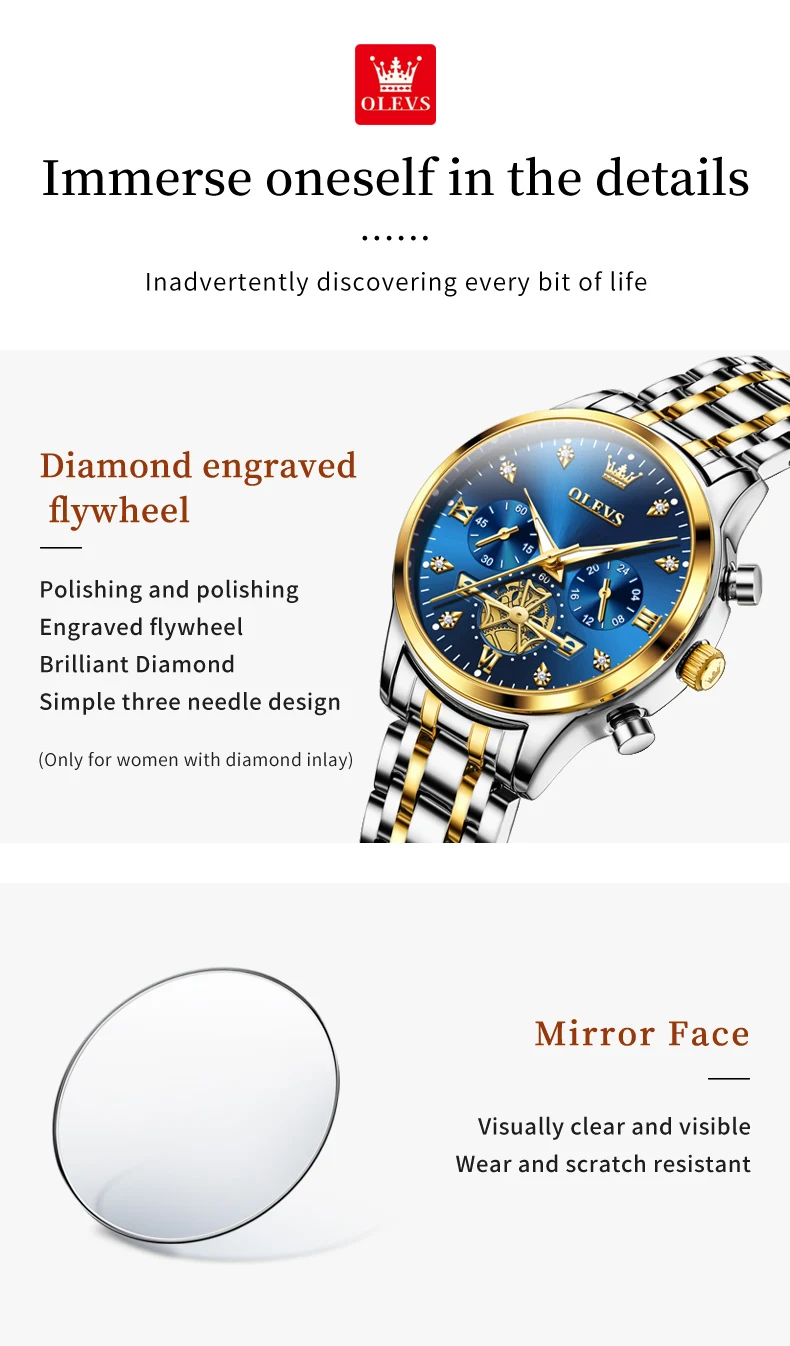 OLEVS Quartz Couple Watch Luxury Brand Waterproof Lunar Phase Timing Code Watch Elegant and Romantic Lover His Her Couple Watch