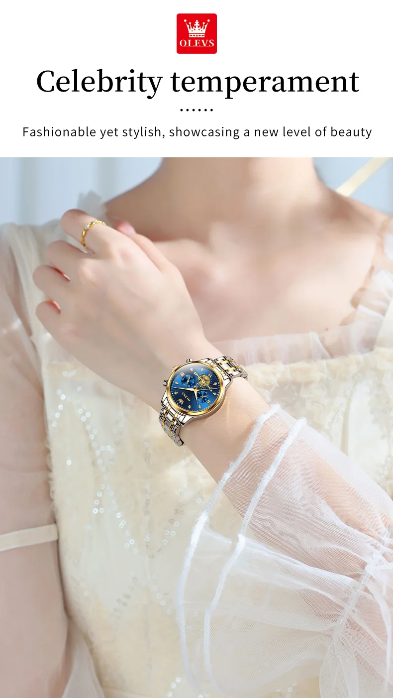 OLEVS Quartz Couple Watch Luxury Brand Waterproof Lunar Phase Timing Code Watch Elegant and Romantic Lover His Her Couple Watch