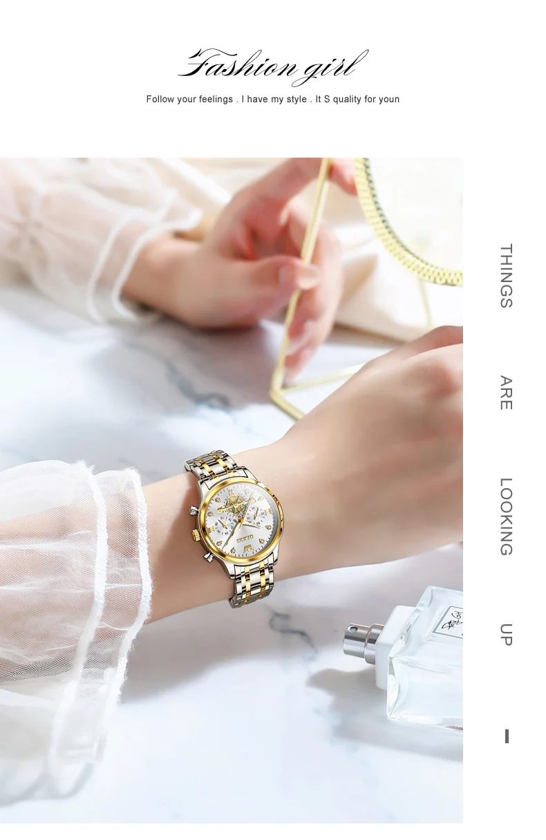 OLEVS Quartz Couple Watch Luxury Brand Waterproof Lunar Phase Timing Code Watch Elegant and Romantic Lover His Her Couple Watch