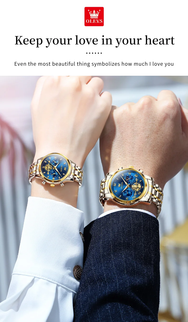OLEVS Quartz Couple Watch Luxury Brand Waterproof Lunar Phase Timing Code Watch Elegant and Romantic Lover His Her Couple Watch