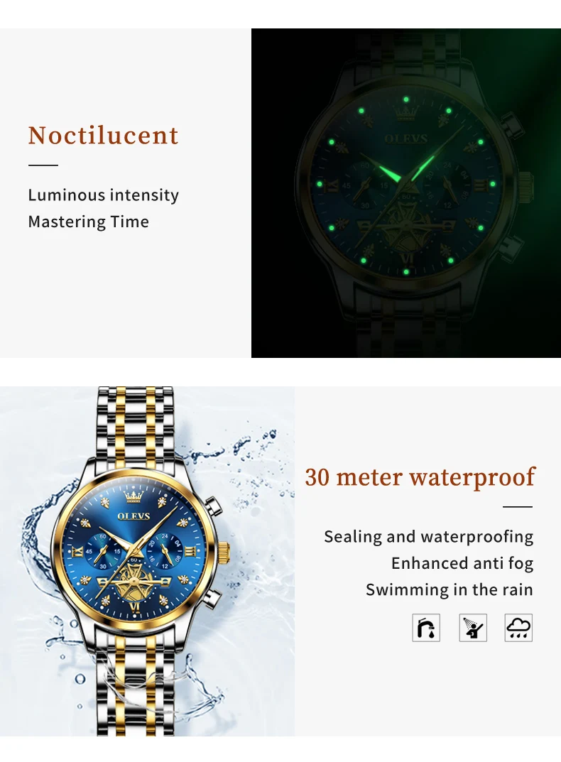 OLEVS Quartz Couple Watch Luxury Brand Waterproof Lunar Phase Timing Code Watch Elegant and Romantic Lover His Her Couple Watch