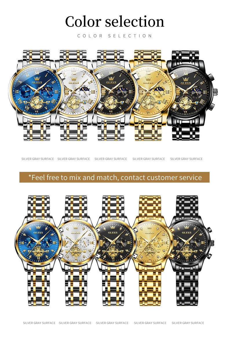 OLEVS Quartz Couple Watch Luxury Brand Waterproof Lunar Phase Timing Code Watch Elegant and Romantic Lover His Her Couple Watch