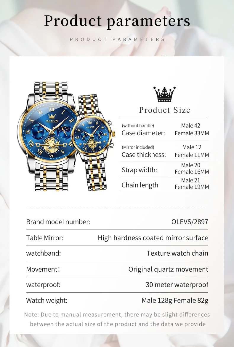 OLEVS Quartz Couple Watch Luxury Brand Waterproof Lunar Phase Timing Code Watch Elegant and Romantic Lover His Her Couple Watch