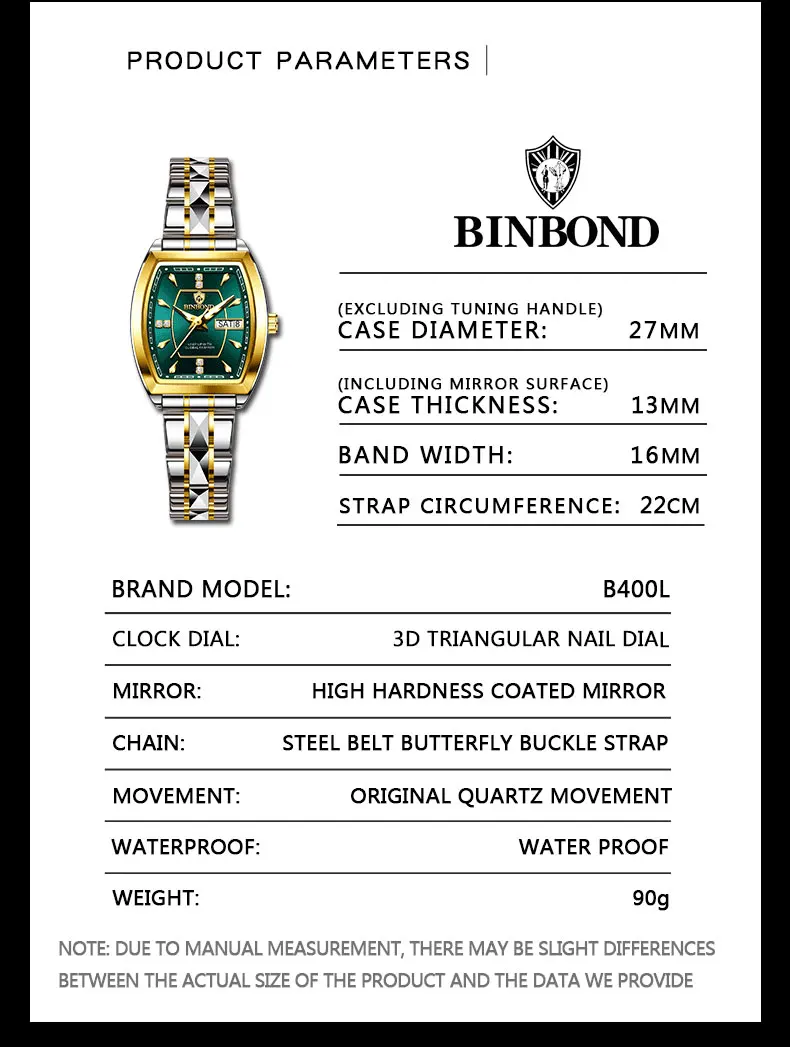 BINBOND 2pcs/Set Square Couple for Watch Fashion Stainless Men Ladies Quartz Watch Lover Waterproof Date Week Luminous Watch