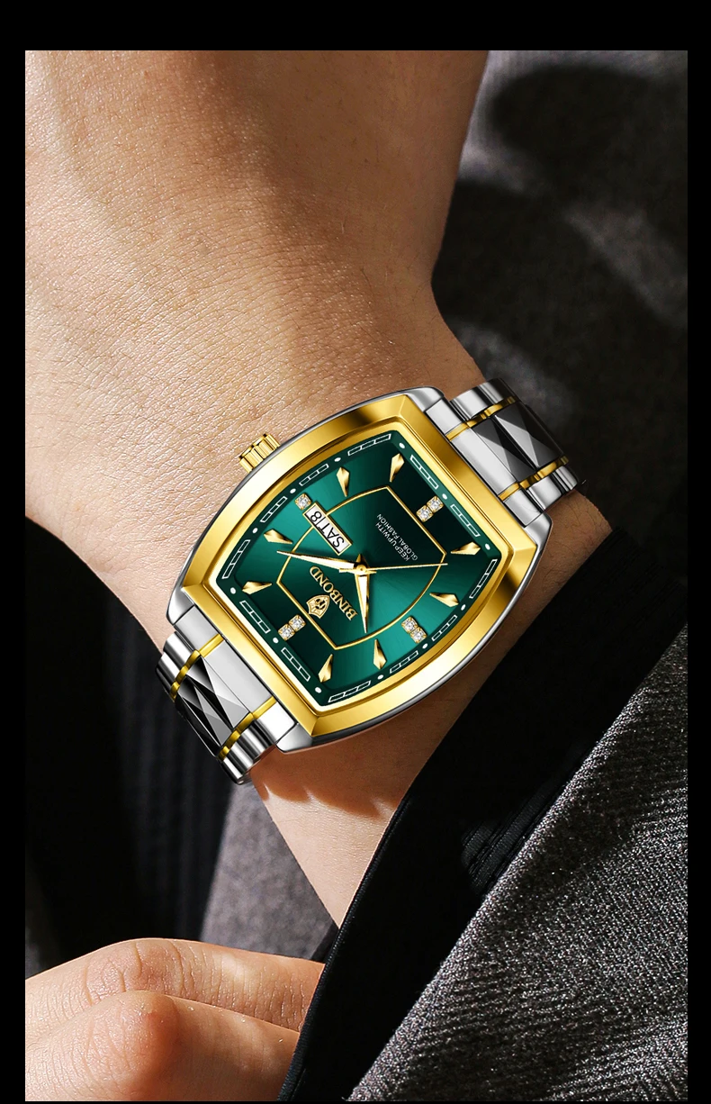 BINBOND 2pcs/Set Square Couple for Watch Fashion Stainless Men Ladies Quartz Watch Lover Waterproof Date Week Luminous Watch