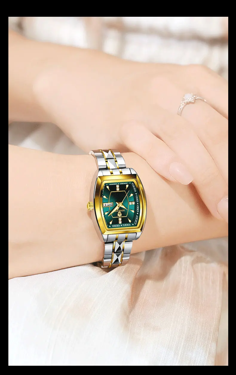 BINBOND 2pcs/Set Square Couple for Watch Fashion Stainless Men Ladies Quartz Watch Lover Waterproof Date Week Luminous Watch