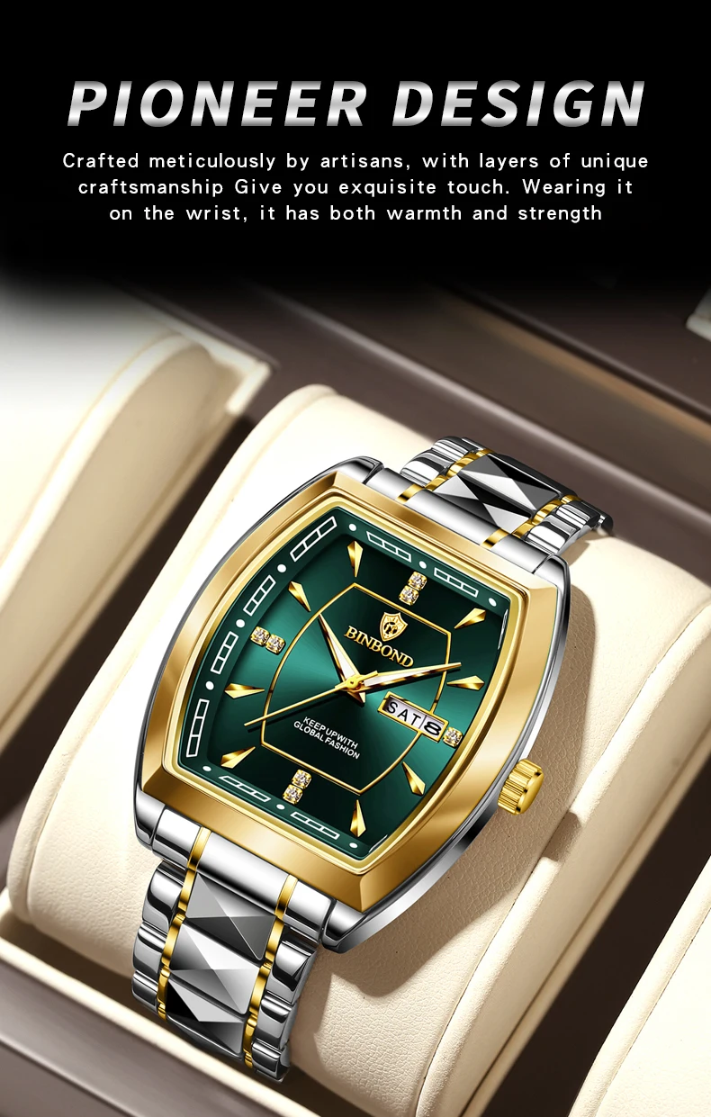 BINBOND 2pcs/Set Square Couple for Watch Fashion Stainless Men Ladies Quartz Watch Lover Waterproof Date Week Luminous Watch