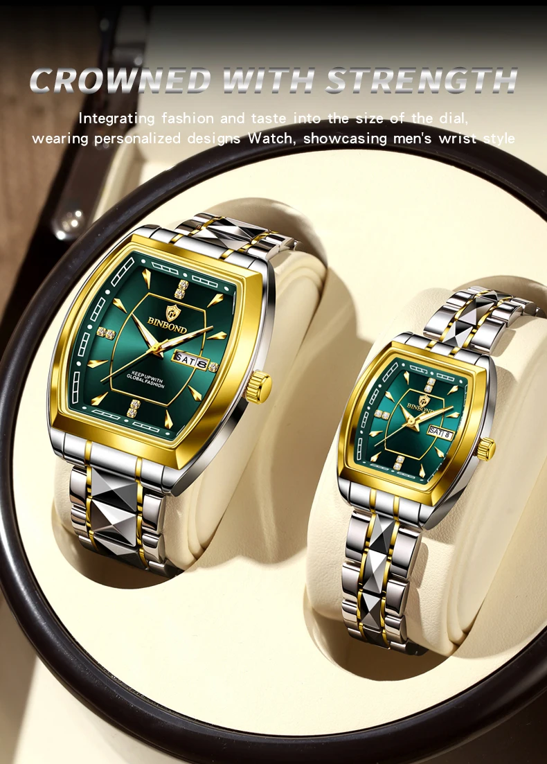 BINBOND 2pcs/Set Square Couple for Watch Fashion Stainless Men Ladies Quartz Watch Lover Waterproof Date Week Luminous Watch