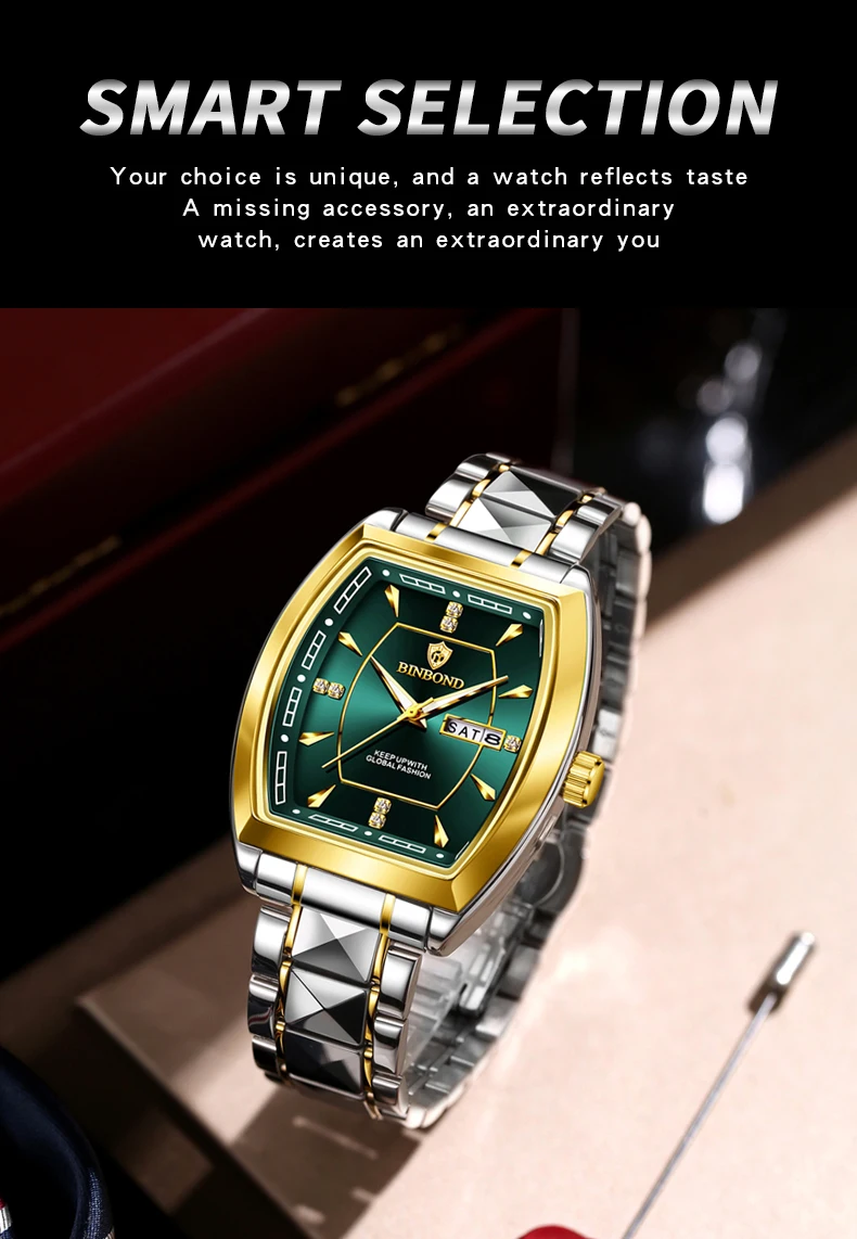 BINBOND 2pcs/Set Square Couple for Watch Fashion Stainless Men Ladies Quartz Watch Lover Waterproof Date Week Luminous Watch