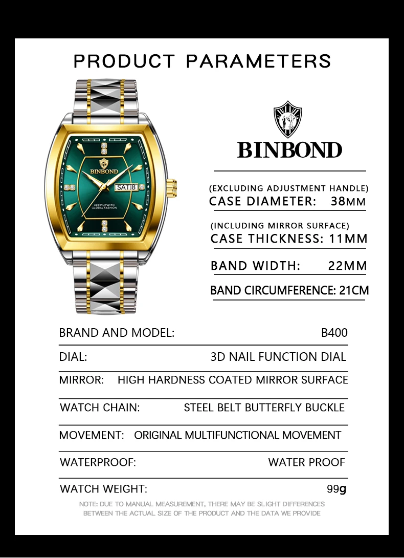 BINBOND 2pcs/Set Square Couple for Watch Fashion Stainless Men Ladies Quartz Watch Lover Waterproof Date Week Luminous Watch