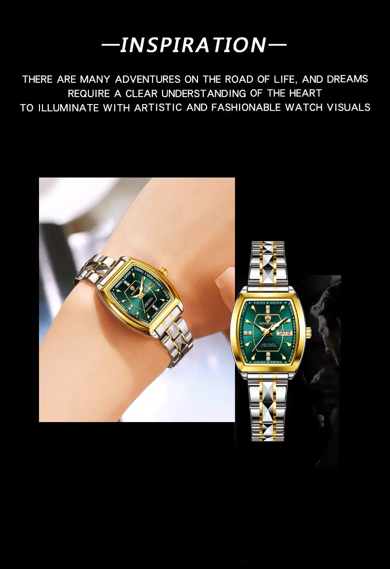 BINBOND 2pcs/Set Square Couple for Watch Fashion Stainless Men Ladies Quartz Watch Lover Waterproof Date Week Luminous Watch