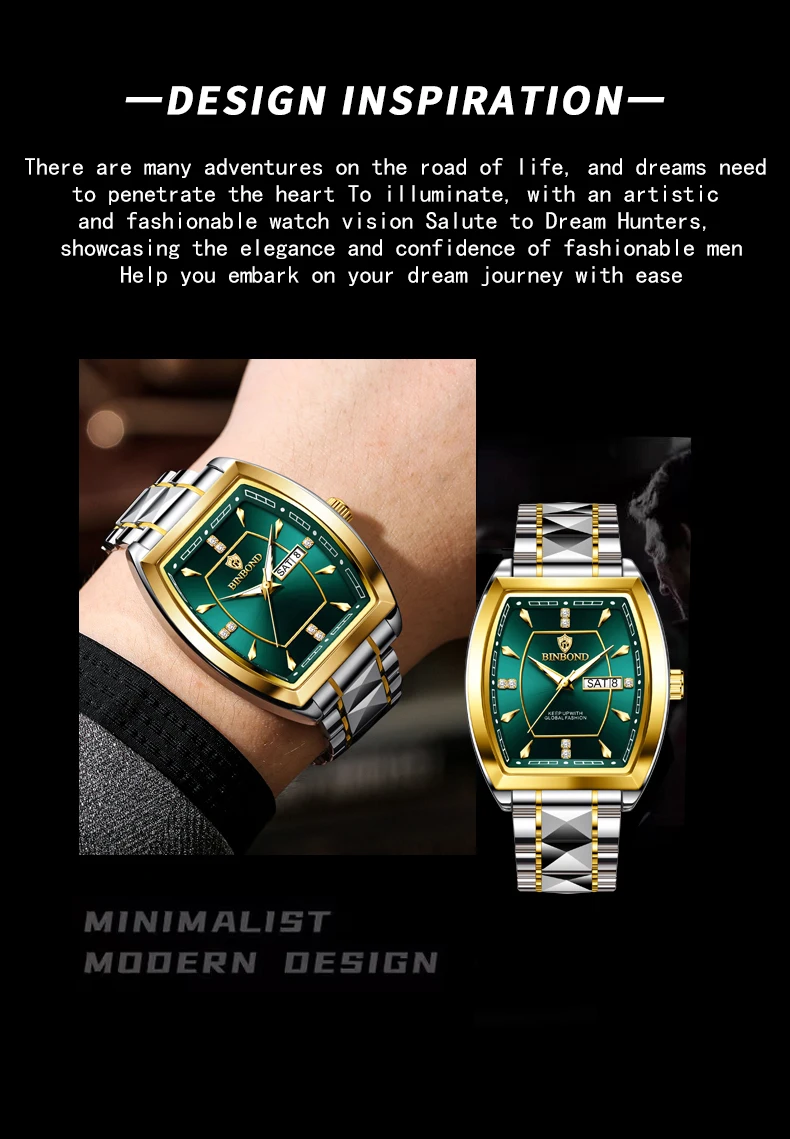 BINBOND 2pcs/Set Square Couple for Watch Fashion Stainless Men Ladies Quartz Watch Lover Waterproof Date Week Luminous Watch