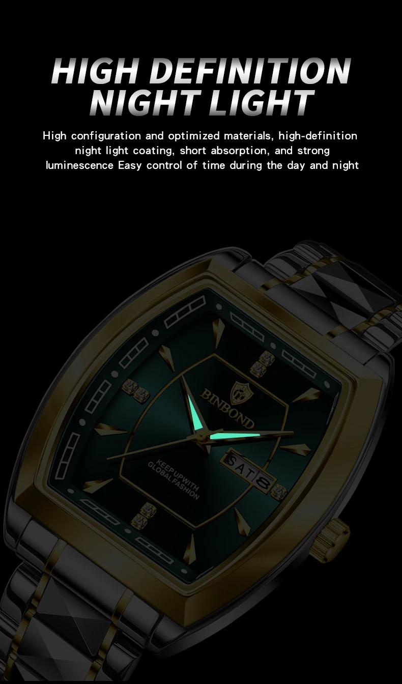 BINBOND 2pcs/Set Square Couple for Watch Fashion Stainless Men Ladies Quartz Watch Lover Waterproof Date Week Luminous Watch