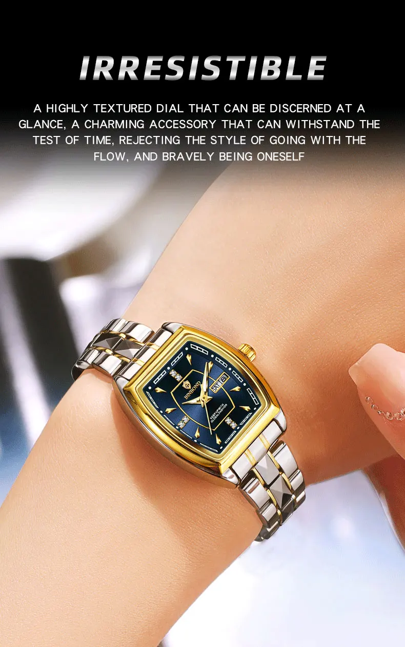 BINBOND 2pcs/Set Square Couple for Watch Fashion Stainless Men Ladies Quartz Watch Lover Waterproof Date Week Luminous Watch