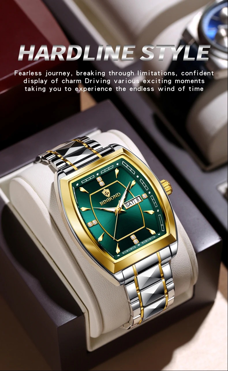 BINBOND 2pcs/Set Square Couple for Watch Fashion Stainless Men Ladies Quartz Watch Lover Waterproof Date Week Luminous Watch